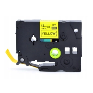 Taśma z żółtymi naklejkami samoprzylepnymi do czarnego zadruku 12 mm x 5,5 m TapeMate-12BY55